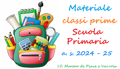 uno zaino pieno di materiale che trabocca dalle tasche e scritta materiale classi prime scuola primaria a.s. 2024 - 25